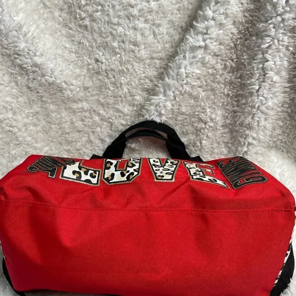 Justice Red and Cheetah print Gymnastics bag gold glitter accents black straps